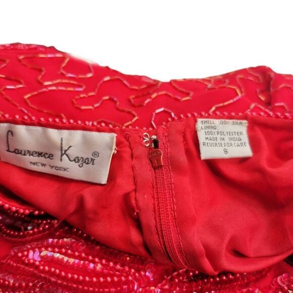 Vintage Laurence Kazar Red Beaded Dress | Short-Sleeved with Scalloped Hem | Tag - Picture 3 of 3